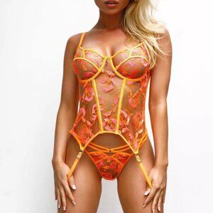 Honey Birdette SOLIS Neon Orange & Pink Floral Bustier & Thong & Stockings
